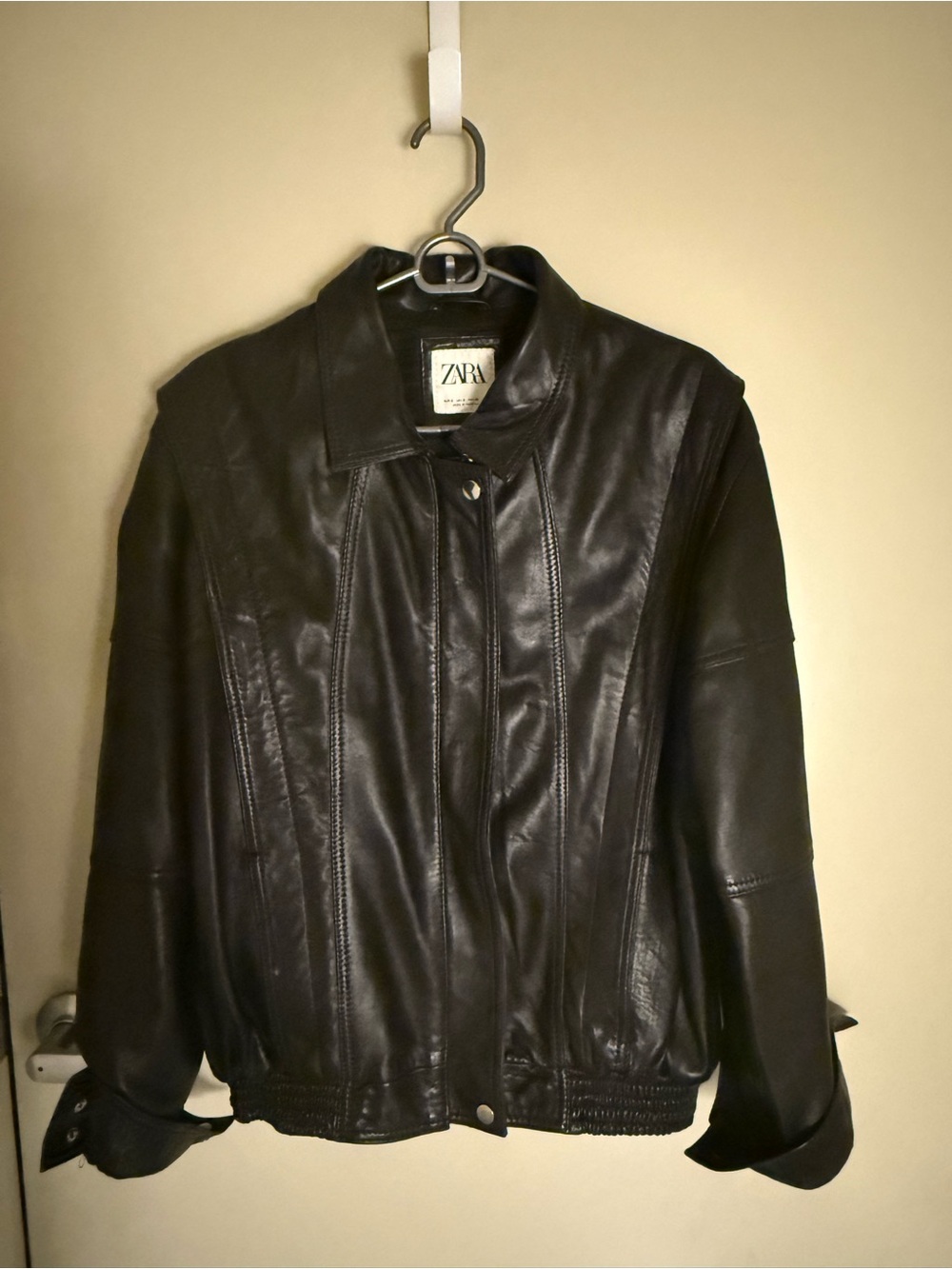 Zara Black Leather Bomber Jacket with Stitched Paneling